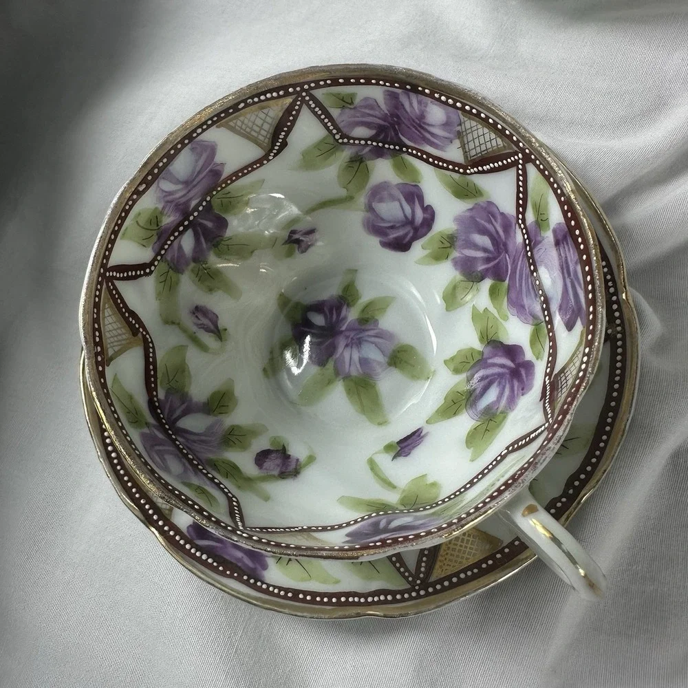 Antique‎ Nippon Hand Painted Teacup Saucer Duo Purple Rose Moriage 1911 Morimura